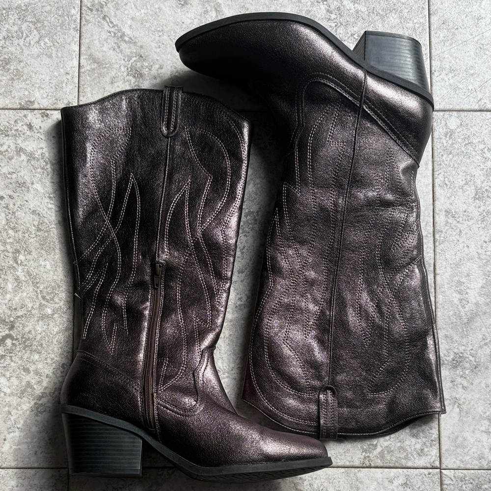 Pop Brand Metallic Gunmetal Western Style Cowgirl Boots Faux Leather